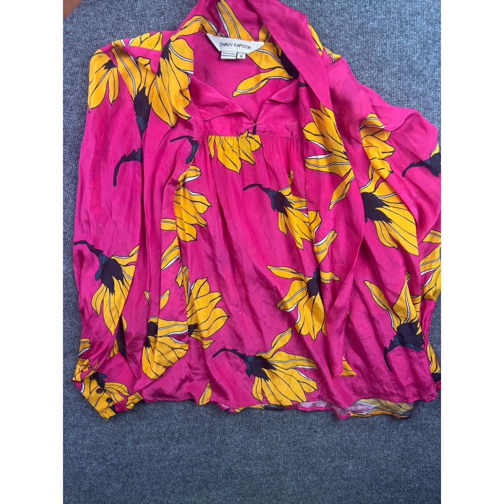 Dhruv Kapoor Floral‎ Tie Neck Blouse Womens Size M Pink Yellow Rayon Long Sleeve